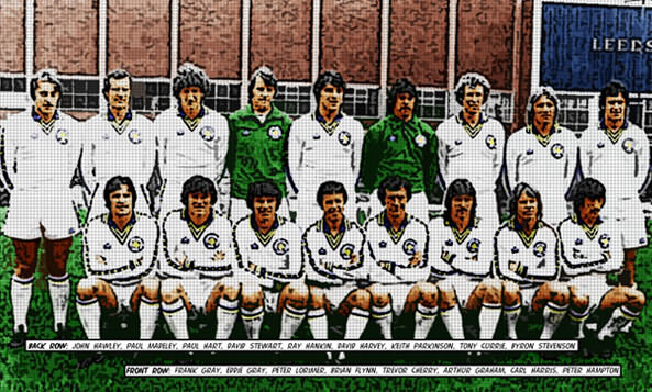 the leeds utd squad of 1978-79 with the bordered smiley badge